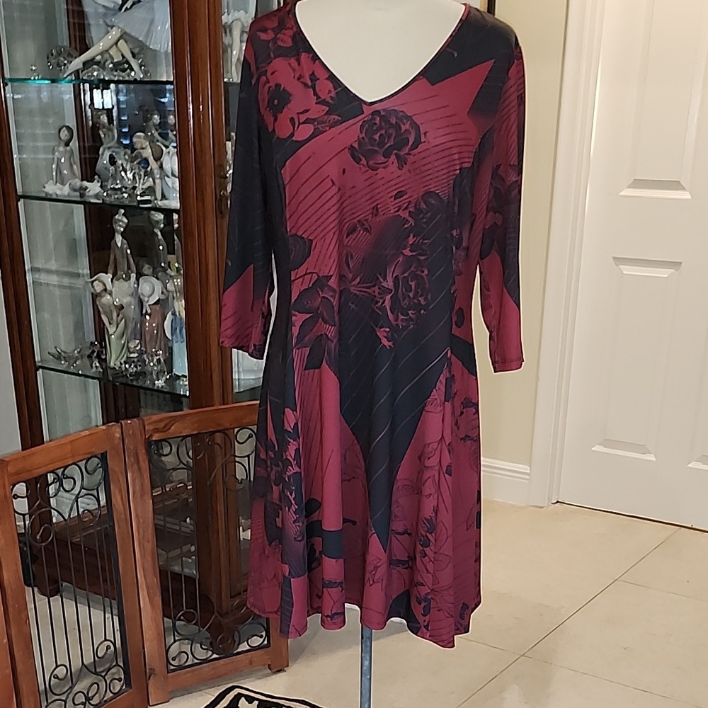Red and Black Fit and Flare V-Neck Dress